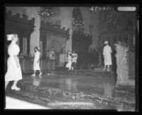 Georgia Ann Farmer kissing the ring of Cardinal McIntyre, St. Vincent's Church, Los Angeles, 1958