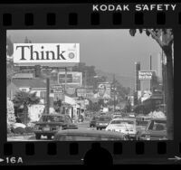 Billboards and traffic along the Sunset Strip in Hollywood, Calif., 1975