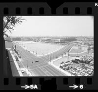 Birds-eye view of two undeveloped lots next to the Los Angeles Convention Center, 1973