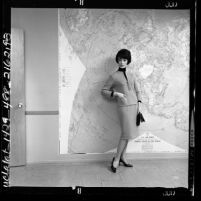 Woman modeling travel clothing, wool knit outfit by Avagolf, Los Angeles, Calif., 1962