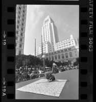 Break dancer performing for crowd at Street Scene Festival in front of Los Angeles City Hall, 1984