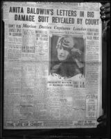 Photograph of front page of Los Angeles Examiner, with headline about and photograph of Anita Baldwin, April 8, 1924, rephotographed [1928?]