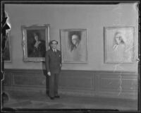 Dr. Rudolphe Kiss poses with his work, Exposition Park, Los Angeles, 1936