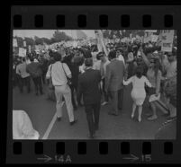 Demonstrators on Avenue of the Stars during President Johnson's visit. 1967