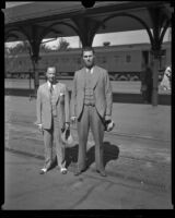 Jacob Berman and man on train platform, Los Angeles, between 1927 and 1937