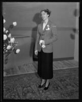 Woman models checkered blazer at the Times' fashion show, Los Angeles, 1935