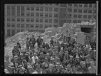 Crowd gathers to view contents of 1888 County Courthouse cornerstone, Los Angeles, 1936