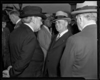 Isidore B. Dockweiler and Mayor Frank Shaw waiting for President Roosevelt's train at Central Station, Los Angeles, 1935