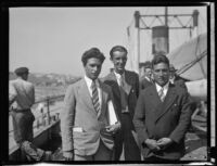 E. J. Demas, Kennard Bubier and Jeremiah de Cecca pose on the deck of the C. A. Larsen, Los Angeles, 1928