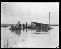 Automobiles in flood water at 11th and Vernon Avenues, los Angeles, 1927