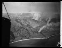 Aerial view of Malibu Mountains fire, Malibu, 1930