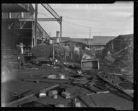 Burned buildings and truck, Los Angeles, 1938