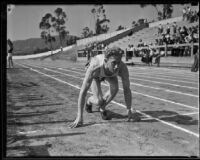 Track athlete at an Olympic Club track meet, Los Angeles, 1932