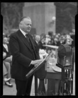 Herbert Hoover delivers speech at Morris Dam dedication, Pasadena, 1934