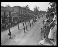 Men dressed as Conquistadors in the parade for the Old Spanish Days Fiesta, Santa Barbara, 1930