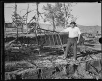 M. D. Martin, proprietor of the National Forest Inn following its destruction by a fire, California, 1932