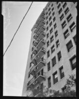 Cooper Arms Apartments, view of fire escapes from street level, Long Beach, 1935