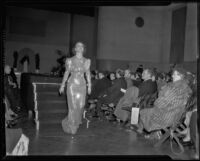 Model in sparkling gown, Times Fashion Show, Los Angeles, 1936