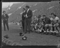 Stub Allison, assistant coach of the Golden Bears, watches during a match with the USC Trojans at the Coliseum, Los Angeles, 1934