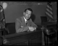 Dr. Franklyn Thorpe sits in court, Los Angeles, 1935