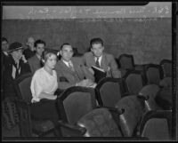 Mrs. Bonnie Taylor, Earl W. Taylor, and Wallace MacDonald during Mr. Taylor's trial for petty theft, Los Angeles, 1935