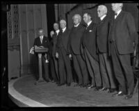 Stanford president David Starr Jordan on stage at an award ceremony at the Biltmore, Los Angeles, 1925