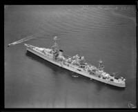 Aerial view of the USS Louisville, a Navy heavy cruiser, Southern California, 1931-1939