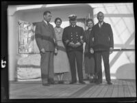 Captain Gustaf Klang arrives in California with Mr. and Mrs. James K. Ingham and Mr. and Mrs. Joseph and Pauline Hare, San Pedro, 1936