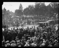 Collapsed grandstand on the route of the Tournament of Roses Parade, Pasadena, 1926