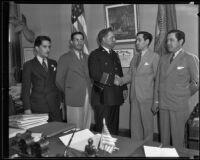 Police Chief James E. Davis, Mexican Consul Ricardo G. Hill, and Congressman Benjamin Hill, Jr., Los Angeles, 1935