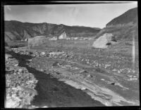 Concrete dam debris in the path of the flood following the failure of the Saint Francis Dam, San Francisquito Canyon (Calif.), 1928