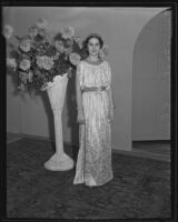 Woman models Grecian-style dress at the Times' fashion show, Los Angeles, 1935