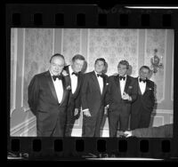 Bob Hope, John Wayne, Dean Martin and Frank Sinatra with Ronald Reagan at a campaign dinner for Reagan's re-election, Calif., 1970