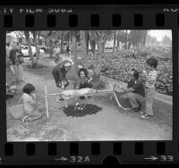 Filipino family roasting pig over hot coals during the Lotus Festival at Echo Park in Los Angeles, Calif., 1976