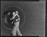 Ann McNaghten at Venice Beach fun house, Venice (Los Angeles), 1936