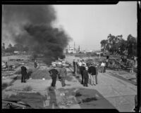 Officials order destruction of Hooverville, Los Angeles, circa 1940