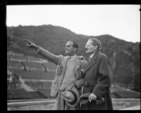 Writer Karl Vollmeoller and actor Douglas Fairbanks visit the Hollywood Bowl, Los Angeles, 1927