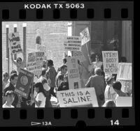 Demonstrators on both sides of the abortion issue at rally, Los Angeles, 1986