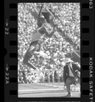 Carl Lewis mid-leap at the 1984 U.S. Olympic trials in Los Angeles, Calif