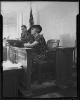 Ena Gregory, Australian actress, testifying in court before Judge Kenny during her divorce proceedings, Los Angeles, 1934