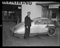 Dr. Calvin B. Bridges with his newly designed automobile, Pasadena, 1936