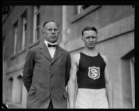 Coach Dean Cromwell and a USC track team athlete on campus, Los Angeles, 1925