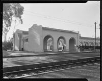 Street car stop at the California Pacific International Exposition in Balboa Park, San Diego, 1935-1936