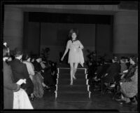 Model in culottes, blouse, and straw hat, Times Fashion Show, Los Angeles, 1936