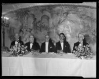 Admiral Frank H. Brumby, Mayor Frank Shaw, Harry L. Harper, F. P. Woellner, and W. A. Simpson at Chamber of Commerce banquet, Los Angeles, 1934