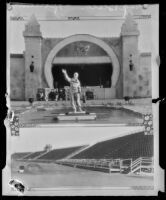 Statue and Stadium at Pacific Southwest Exposition, Long Beach, 1928