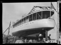 G. Allan Hancock's yacht, the Velero III, preparing to launch, Long Beach, 1931