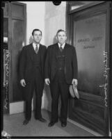 Meyer Simon and his son Norton Simon at the doorway to the Los Angeles County Grand Jury, Los Angeles, 1933