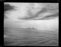 USS Pensacola, a Navy heavy cruiser, during maneuvers at sea, Southern California, 1935-1939