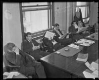 J. O. Shapiro, Paul McDonald, Harry Regan, Everett J. Randall, Jack Armel, and James Mitchell are held in custody on charges of racketeering, Los Angeles, 1936